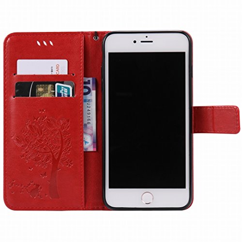 LEMORRY para Apple iPhone 7 Plus Funda Estuches Pluma Repujado Cuero Flip Billetera Piel Protector Magnética TPU Silicona Carcasa Tapa para iPhone 7 Plus, Árbol Suerte Red