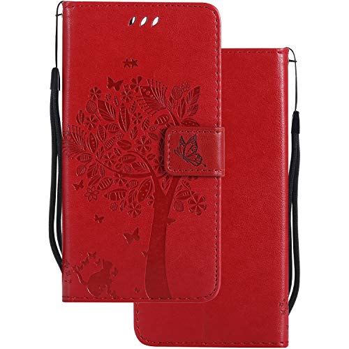 LEMORRY para Apple iPhone 7 Plus Funda Estuches Pluma Repujado Cuero Flip Billetera Piel Protector Magnética TPU Silicona Carcasa Tapa para iPhone 7 Plus, Árbol Suerte Red