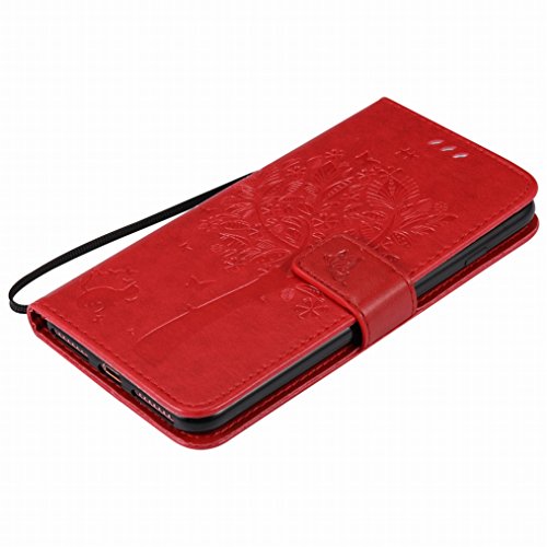 LEMORRY para Apple iPhone 7 Plus Funda Estuches Pluma Repujado Cuero Flip Billetera Piel Protector Magnética TPU Silicona Carcasa Tapa para iPhone 7 Plus, Árbol Suerte Red