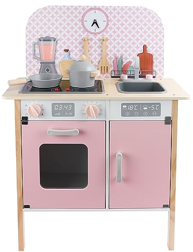 Leomark Cocina Infantil de Madera - Menfi - Cocinitas para niños, Altura 81 cm, Juguetes 3+ años, con ollas, Horno, Fregadero, Accesorios, Reloj (Color Rosa)