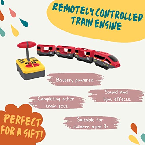 Leomark Locomotora eléctrica con Tres vagones Control Remoto - Juguete ferroviario, Tren Infantil, Juego de Madera, Tren eléctrico Una Locomotora con vagones controlados por un Control Remoto