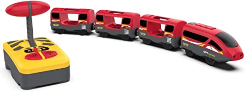 Leomark Locomotora eléctrica con Tres vagones Control Remoto - Juguete ferroviario, Tren Infantil, Juego de Madera, Tren eléctrico Una Locomotora con vagones controlados por un Control Remoto