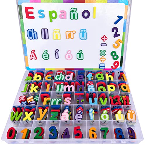 Letras y Números Magnéticos con Pizarra para Niños con Símbolos Españoles Juegos Educativos del Abecedario 9 Colores para la Enseña en Casa y Jardín, Ch(ch), Ll(ll), Ñ(ñ), RR, ü y Áá, Éé, Íí, Óó,Úú