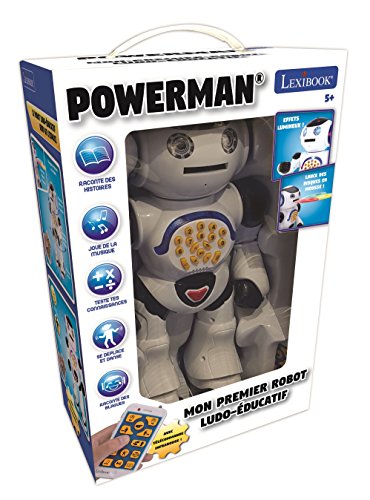 LEXIBOOK Powerman ROB50FR - Robot Educativo Interactivo para Jugar y Aprender, Bailar, Reproducir música, cuestionarios educativos, Lanza Discos, Blanco/Negro