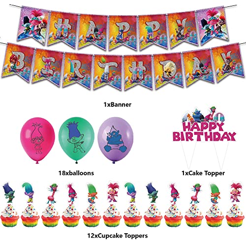 LGQHCE Trolls Globos de Fiesta Decoraciones Cumpleaños Trolls Themed Party Decoraciones Globos Cakes Topper Banner Trolls Decoraciones de Fiesta Cumpleaños Suministros