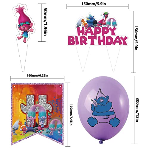 LGQHCE Trolls Globos de Fiesta Decoraciones Cumpleaños Trolls Themed Party Decoraciones Globos Cakes Topper Banner Trolls Decoraciones de Fiesta Cumpleaños Suministros