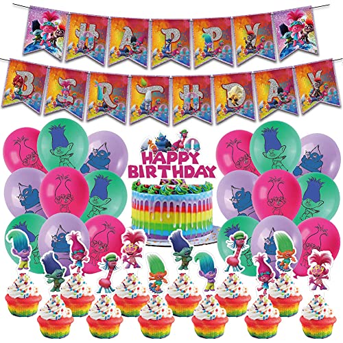 LGQHCE Trolls Globos de Fiesta Decoraciones Cumpleaños Trolls Themed Party Decoraciones Globos Cakes Topper Banner Trolls Decoraciones de Fiesta Cumpleaños Suministros