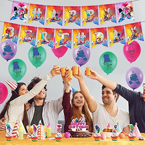 LGQHCE Trolls Globos de Fiesta Decoraciones Cumpleaños Trolls Themed Party Decoraciones Globos Cakes Topper Banner Trolls Decoraciones de Fiesta Cumpleaños Suministros