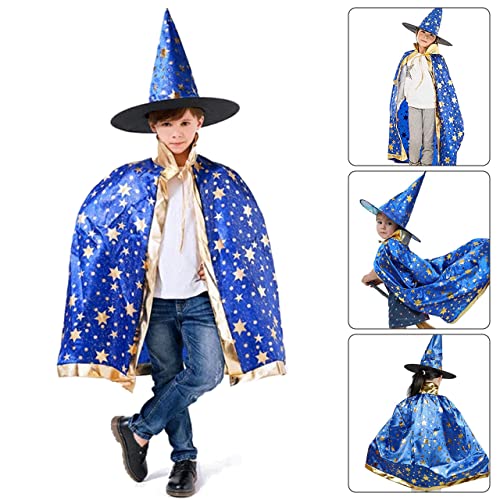 LGZIN Capa de Mago de Bruja con Sombrero, Disfraz de Halloween para Niños, Capa de Mago para Niños, Disfraz de Bruja con Sombrero, para Niños Niñas Fiesta de Halloween Cosplay (Azul)