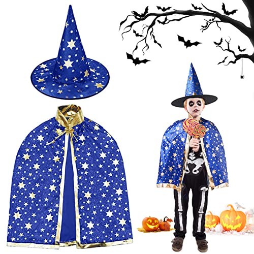 LGZIN Capa de Mago de Bruja con Sombrero, Disfraz de Halloween para Niños, Capa de Mago para Niños, Disfraz de Bruja con Sombrero, para Niños Niñas Fiesta de Halloween Cosplay (Azul)