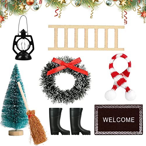 LGZIN Casa de Muñecas Navideña Miniatura, 8 Piezas Juego de Accesorios Jardín en Miniatura Navidad, Accesorios para Puerta de Gnomo, Juego de Casas de Muñecas de Navidad