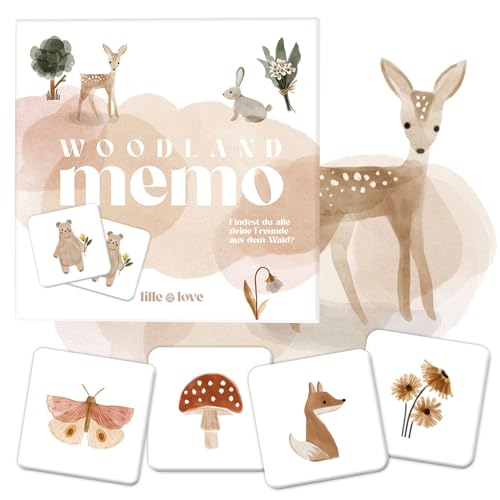 LILLE LØVE Juego de notas Woodland para niños, con 32 pares de cartas sobre el tema del bosque y sus habitantes – Memo premium para toda la familia