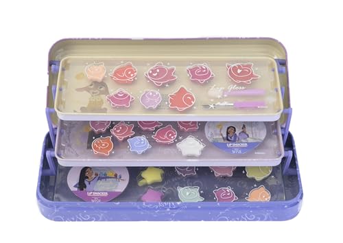 Lip Smacker Wish Triple-Tier Beauty Tin, Set de Maquillaje para Niñas Disney Wish, Brillos Labiales, Sombras Brillantes, Accesorios de Belleza y Pegatinas, Maquillaje para Niñas de Princesas Disney