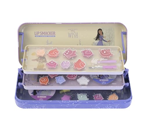 Lip Smacker Wish Triple-Tier Beauty Tin, Set de Maquillaje para Niñas Disney Wish, Brillos Labiales, Sombras Brillantes, Accesorios de Belleza y Pegatinas, Maquillaje para Niñas de Princesas Disney