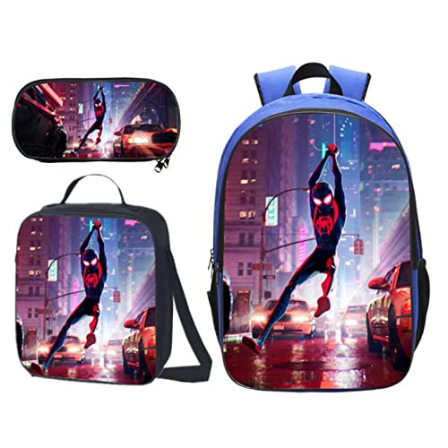 LIPUDAPP Juegos De Mochilas Escolares para Niñas Spiderman Mochila Escolar con Bolsa De Almuerzo Y Estuche para Lápices Mochila De Superhéroes para Niñas Adolescentes,Blue-42x16x29cm