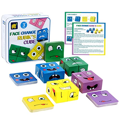 LiRiQi Puzzle de Madera de Expresión Facial, Montessori Interactivo Juguete Rompecabezas Cubos Mágicos Emoji, Bloques Construcción de Madera Juegos, Cubo Regalos Juguetes Educativos para Niños 3 años