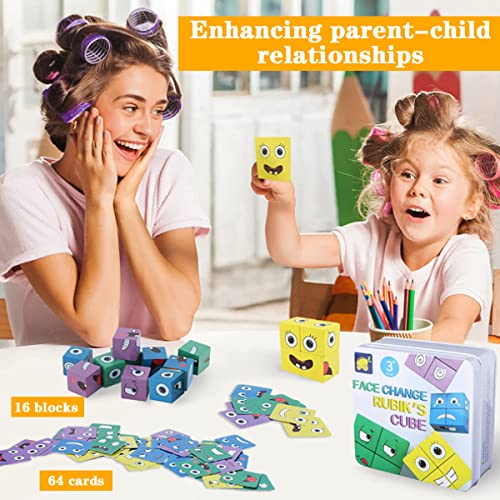 LiRiQi Puzzle de Madera de Expresión Facial, Montessori Interactivo Juguete Rompecabezas Cubos Mágicos Emoji, Bloques Construcción de Madera Juegos, Cubo Regalos Juguetes Educativos para Niños 3 años