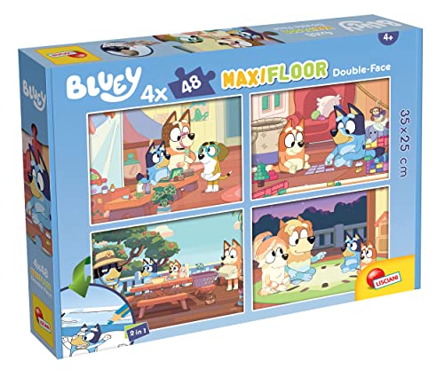 Lisciani - Puzzle Bluey - 4 Puzzles de 48 Piezas - Juego Creativo - Juego de Puzle - Múltiples Personajes - Doble Cara - 2 en 1 - Puzzle y Colorear - 35 x 25 Cm - Para Niños a Partir de 4 Años