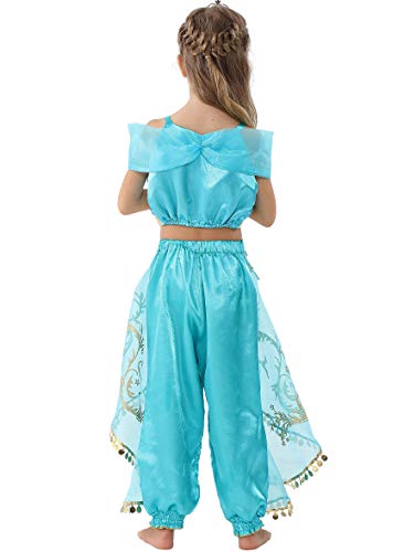 Lito Angels Disfraz de Princesa Jasmine para Niña con Capa Vestido de Jazmin con Diadema Talla 6 a 7 Años Verde Azulado, Estilo A