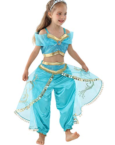 Lito Angels Disfraz de Princesa Jasmine para Niña con Capa Vestido de Jazmin con Diadema Talla 6 a 7 Años Verde Azulado, Estilo A