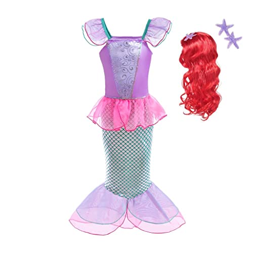 Lito Angels Disfraz Sirenita Vestido Sirena Princesa Ariel con Peluca de Pelo para Niñas, Talla 8-9 años, Rosa Fuerte