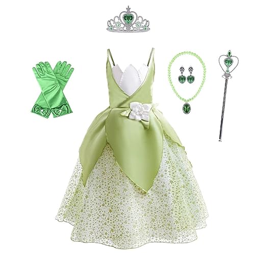 Lito Angels Disfraz Vestido de Princesa Tiana y el sapo con Accesorios Carnaval Fiesta de Cumpleaños para Niñas Talla 6-8 años, Verde (Número de etiqueta 120)