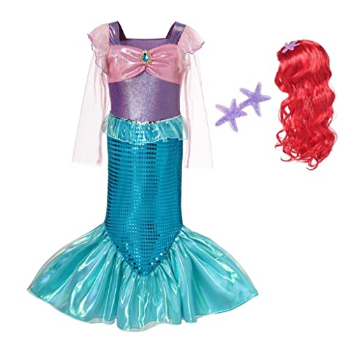 Lito Angels Disfraz Vestido Sirenita Princesa Ariel Sirena con Peluca de Pelo para Niñas Talla 8-9 años, Azul Morado