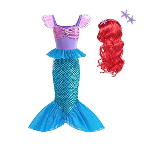 Lito Angels Disfraz Vestido Sirenita Princesa Ariel Sirena con Peluca de Pelo para Niñas Talla 8-9 años, Azul Morado (Número de etiqueta 150)