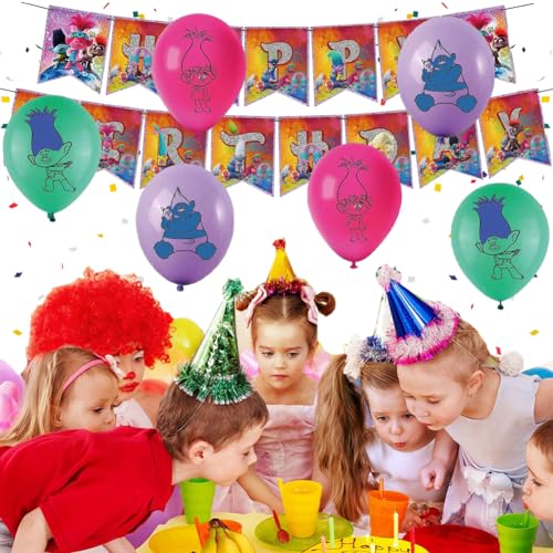 LKNBIF Troll Decoración de Cumpleaños, 33 PCS Trolls Decoraciones de Fiesta, Fiesta de Cumpleaños de Trolls Globos Decoraciones Happy Birthday Banner Cupcake Toppers para Niño