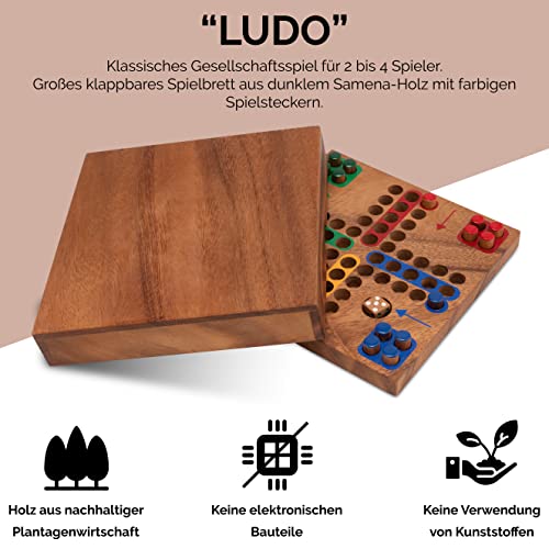 LOGOPLAY Ludo - PEQUEÑO Juego DE Viaje 16 x 16 cm - Juego de Dados - Juego de Mesa - Juego Familiar - Juego de Mesa de Madera con Tapones Marrón