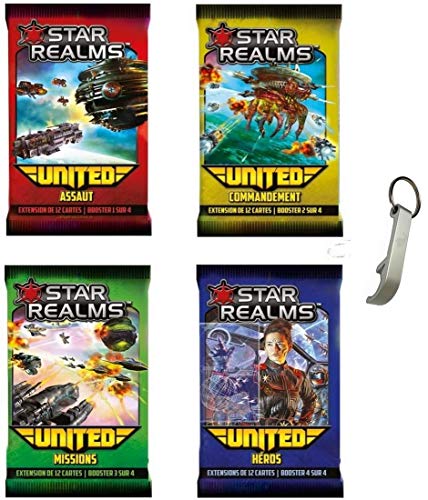 Lote Star Realms versión francesa Pack United : asalto + mando + misiones + héroes + 1 abrebotellas Blumie (United)