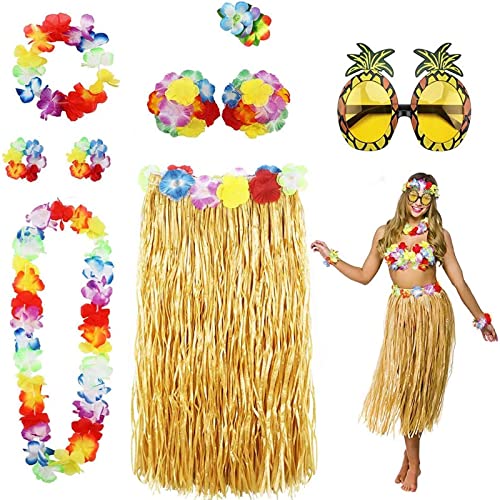 Louenth Hula Dancer Disfraz,Hula Juego de Falda de Hierba, Incluye Pulsera Diadema Collar de Flores Hierba Clip de Pelo Hibisco,Hula Juego de Falda de Hierba