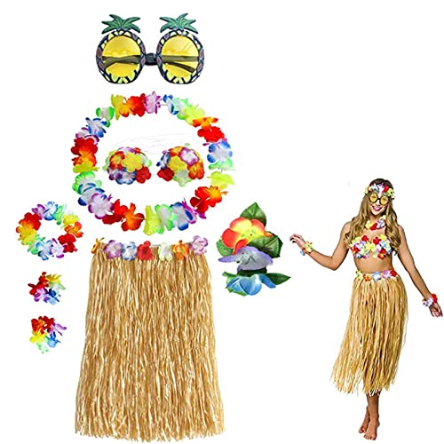 Louenth Hula Dancer Disfraz,Hula Juego de Falda de Hierba, Incluye Pulsera Diadema Collar de Flores Hierba Clip de Pelo Hibisco,Hula Juego de Falda de Hierba