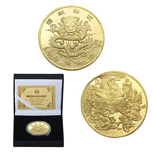 LSJTZ Cultura, Leyenda, Ocho inmortales cruzando el mar, Dragon King, Dorado, Monedas conmemorativas, colección, Esencia, Regalo, bendición, Hermosa Caja China exposición