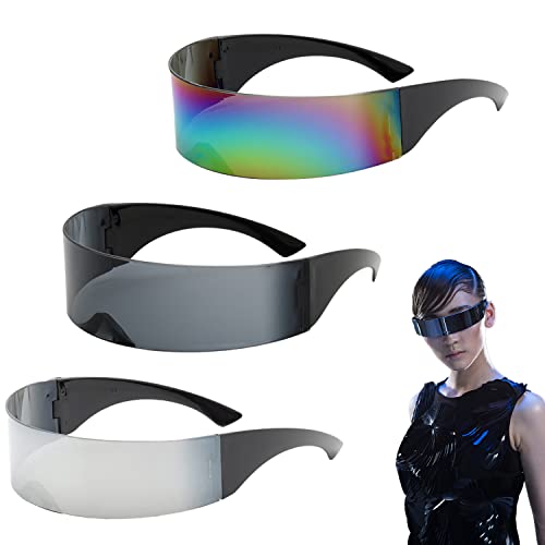 LSYYSL 3 pares de gafas de sol futuristas, divertidas gafas de fiesta espejadas, delgadas gafas de extranjero para Halloween, cosplay, carnaval, club (gris, plata, colorido)