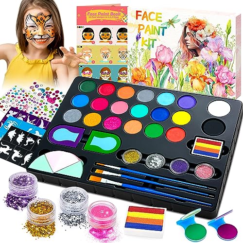 Lubibi Kit de Maquillaje Pintura Cara Niñas, 21 Colores Paleta de Maquillaje Para Niños, Juego de Maquillaje Lavable Con 3 Pinceles, 28 Plantillas de Tatuajes, Pintura Facial de Halloween / Navidad