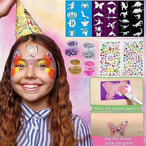 Lubibi Kit de Maquillaje Pintura Cara Niñas, 21 Colores Paleta de Maquillaje Para Niños, Juego de Maquillaje Lavable Con 3 Pinceles, 28 Plantillas de Tatuajes, Pintura Facial de Halloween / Navidad