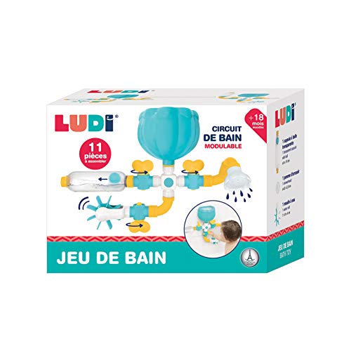 LUDI - Gran Circuito de Agua para Construir - Juego de baño con Ventosa - 11 Piezas para ensamblar con Molino y aspersor - Modulable, escalable y Educativo - A Partir de 10 Meses