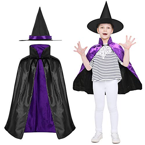 LYTIVAGEN Brujas Cape y Sombrero Disfraz Bruja para Niños Capa y Sombrero de Bruja para Halloween, Navidad, Fiesta de Cosplay, Fiesta de Disfraces (Púrpura/Negro)