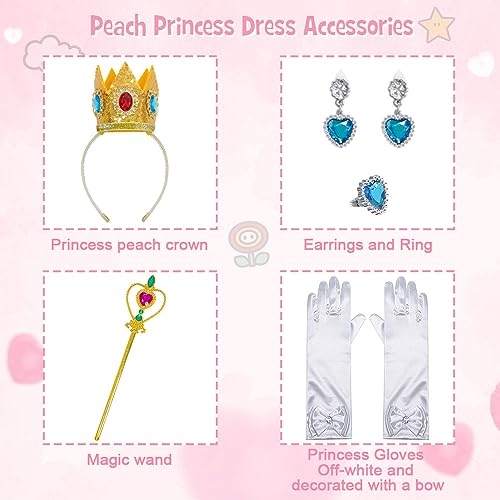 LZH Princess Peach red Girl Clothing super Brothers Clothing Feature play Halloween Rose Princess with Crown pendientes and Gloves