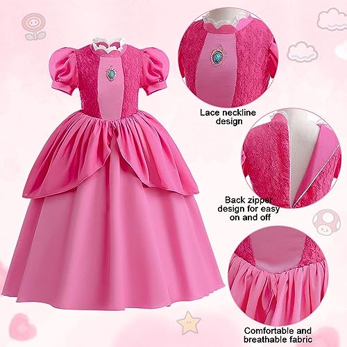 LZH Princess Peach red Girl Clothing super Brothers Clothing Feature play Halloween Rose Princess with Crown pendientes and Gloves