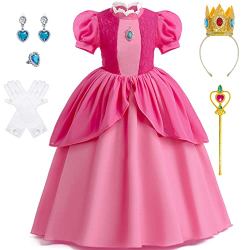 LZH Princess Peach red Girl Clothing super Brothers Clothing Feature play Halloween Rose Princess with Crown pendientes and Gloves