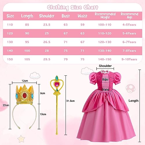 LZH Princess Peach red Girl Clothing super Brothers Clothing Feature play Halloween Rose Princess with Crown pendientes and Gloves