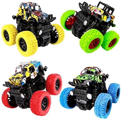 m zimoon Camión Monstruo, Inercia Vehiculo Todoterreno Juguete Autos de Carreras con Rotación de 360 Grados Monster Truck Regalos para Niños Niñas Pequeños(4 Paquetes, Azul Verde Amarillo Rojo)