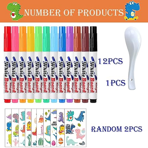 Magic Pen Dibujos en el Agua, 12Pcs Rotuladores Agua Magicos, Rotuladores de Agua con Cuchara, 2 Pegatinas para Tatuajes, Rotulador Agua Magico, para Dibujo Graffiti Escritura Pizarra Ropa