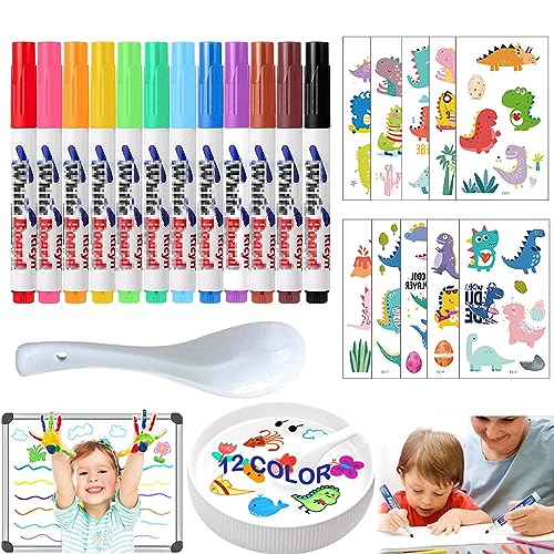 Magic Pen Dibujos en el Agua, 12Pcs Rotuladores Agua Magicos, Rotuladores de Agua con Cuchara, 2 Pegatinas para Tatuajes, Rotulador Agua Magico, para Dibujo Graffiti Escritura Pizarra Ropa