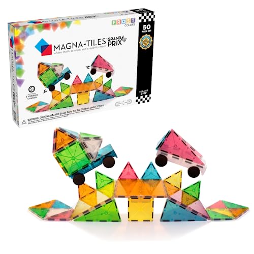 Magna-Tiles Juego de 50 Piezas Grand Prix con Diferentes Bloques de construcción magnéticos 3D en Colores Mate y 2 chasis, fomenta el Aprendizaje lúdico