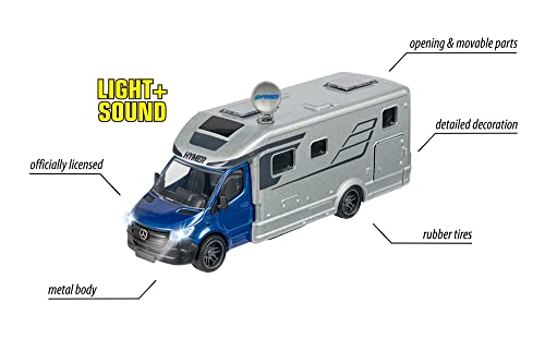 MAJORETTE - Grand Series Caravana Camper HYMER Clase B MasterLine, 19cm, Escala 1:43, Fabricado en Metal y Plástico, Luz y Sonido (213773000)