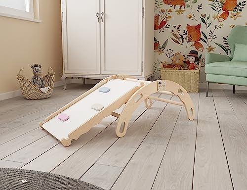 MAMOI® Arco de escalada con tobogán, triángulo de escalada, bebé escalada, arco arco iris de madera, arco de madera para niños, tabla antideslizante para parque infantil, estructura de escalada