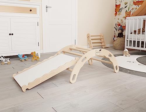 MAMOI® Arco de escalada con tobogán, triángulo de escalada, bebé escalada, arco arco iris de madera, arco de madera para niños, tabla antideslizante para parque infantil, estructura de escalada